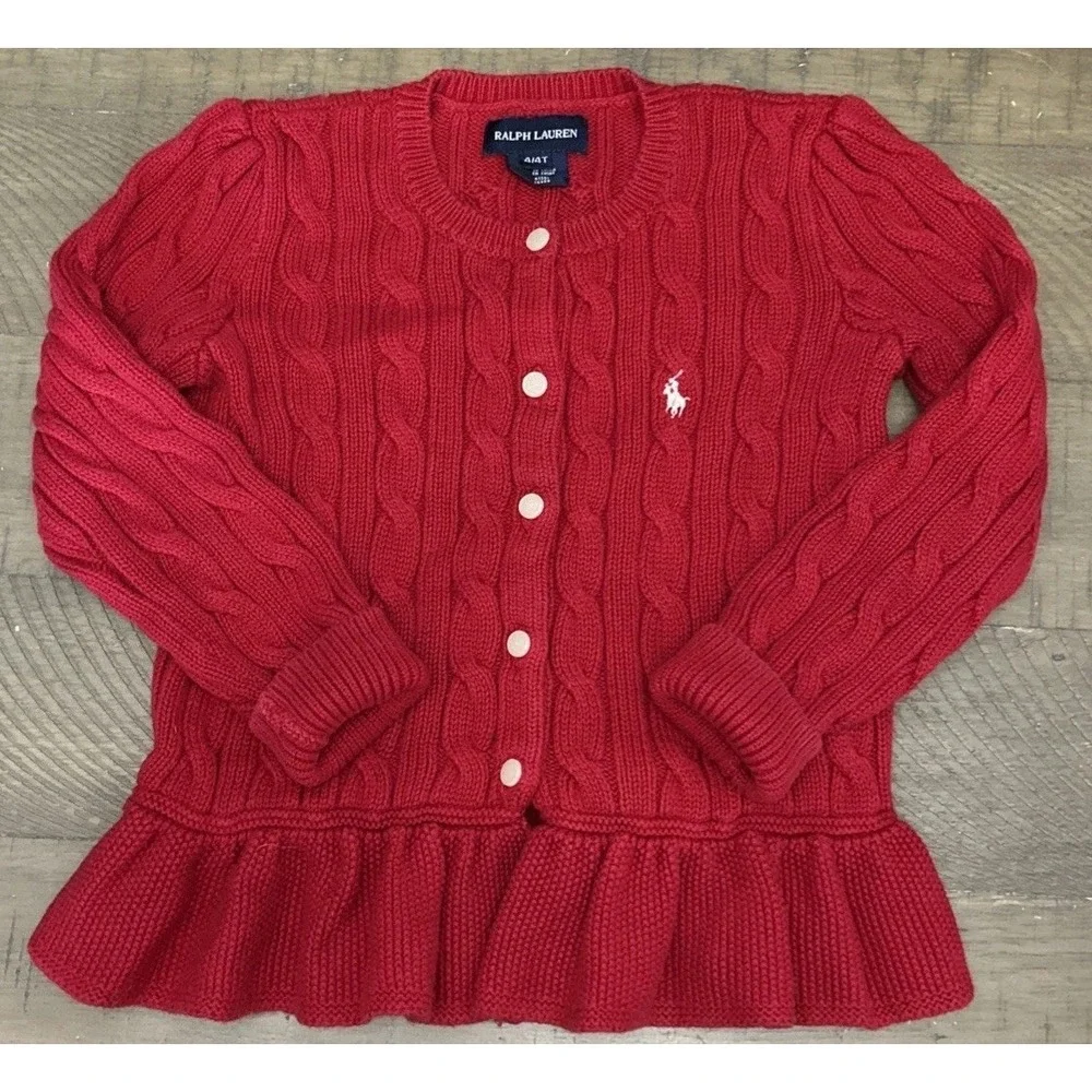 Girls Ralph Lauren Polo Buttoned Peplum Cable Knit Cardigan Sweater Sz 4/4T